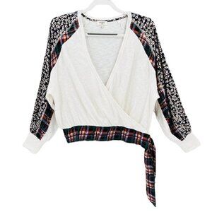 Umgee Long Sleeve Boho Side Tie Blouse Size M  White & Floral Mixed Media